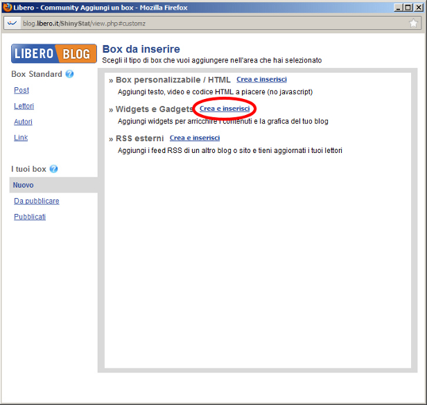 Inserimento codice ShinyStat sul Blog di Libero
