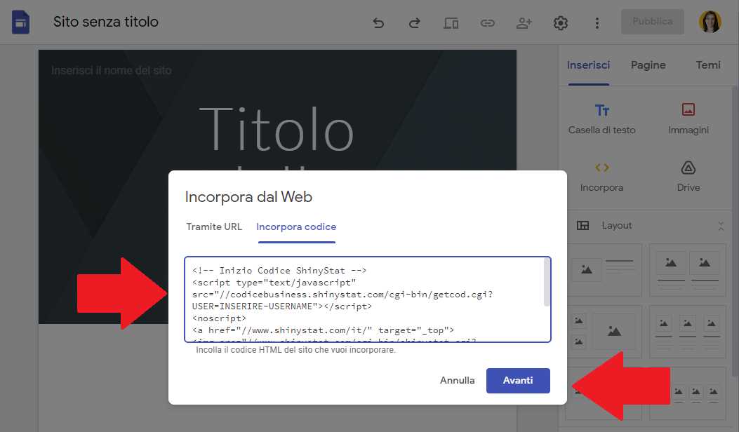 Guida ShinyStat - Inserire il codice ShinyStat in GoogleSite - Passo 2