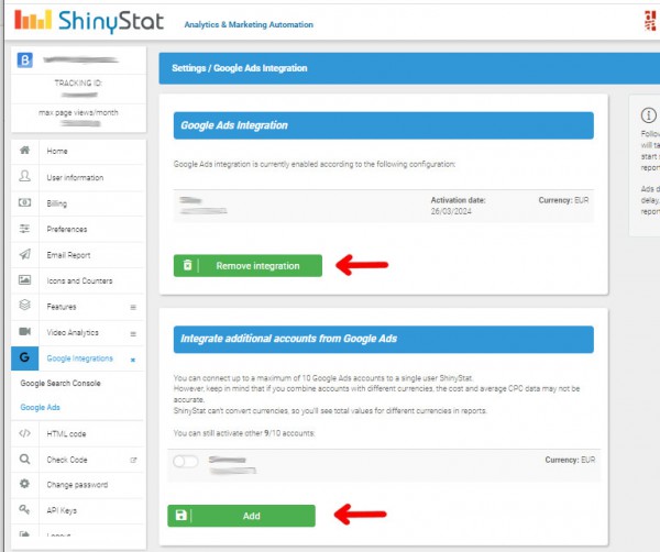 Ads - ShinyStat settings sosp