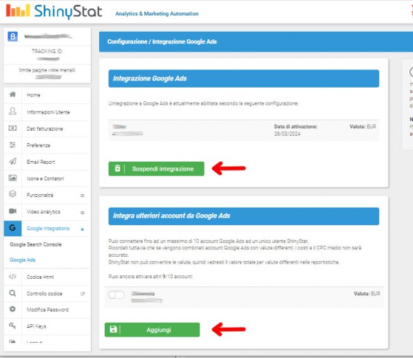 Ads - Configurazione ShinyStat Sospensione