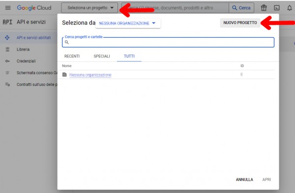 Search Console - Aggiungi progetto