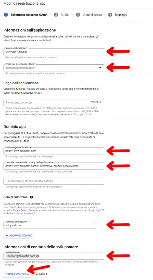 Search Console - oAuth2.0 - Schermata consenso 1