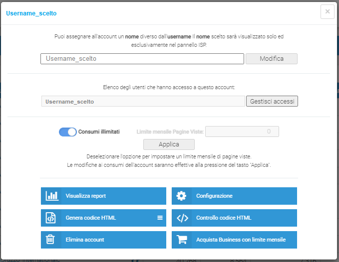 ShinyStat ISP - Funzionalità per la gestione dei singoli account